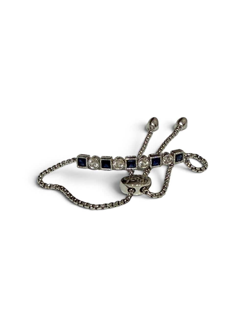 Signed SUN R&M Sterling Silver Blue and White Saphire Adjustable Tennis Bracelet - Picture 15 of 17